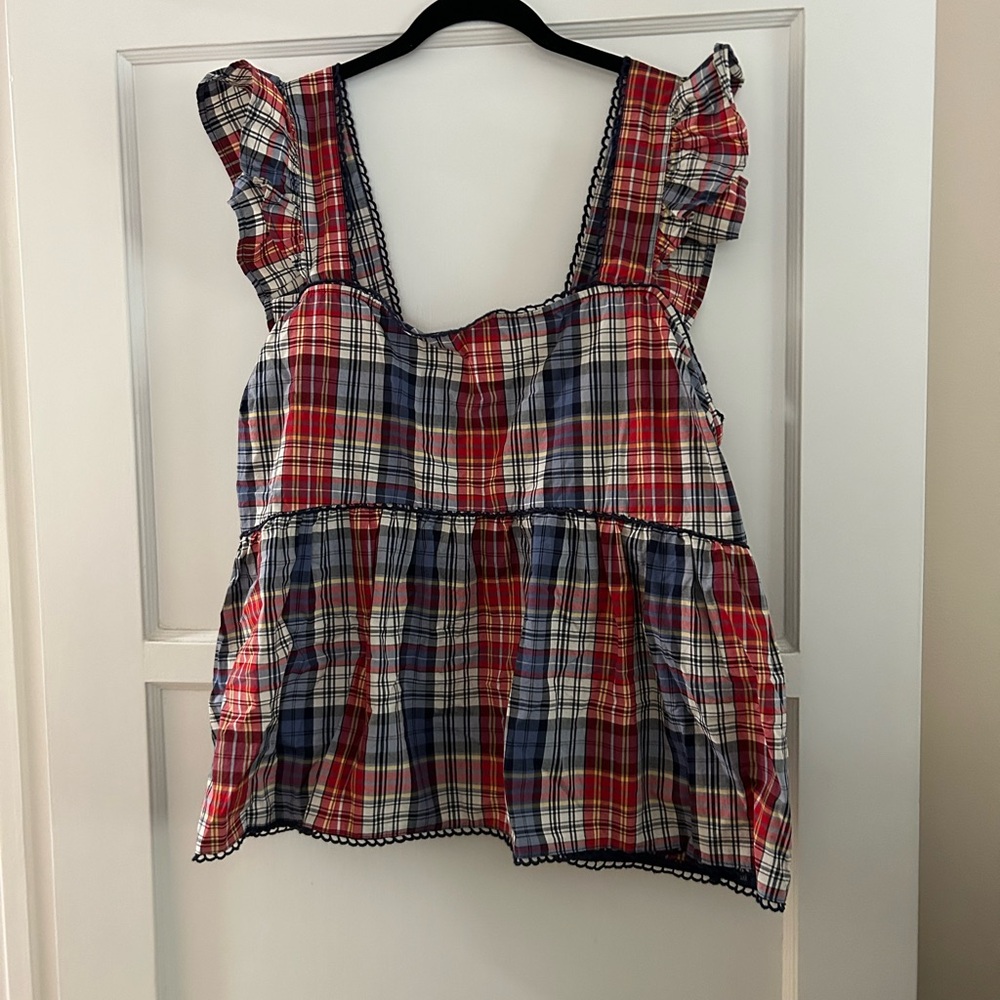 NWT Torrid Red and Blue Plaid Ruffle Blouse, 1X